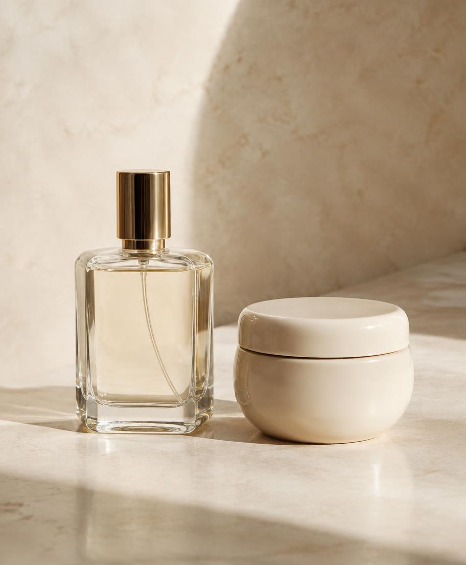 Clear glass fragrance bottle beside a cream ceramic cosmetics jar