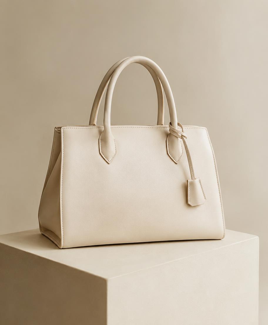 Ivory leather top-handle handbag on a pale plinth