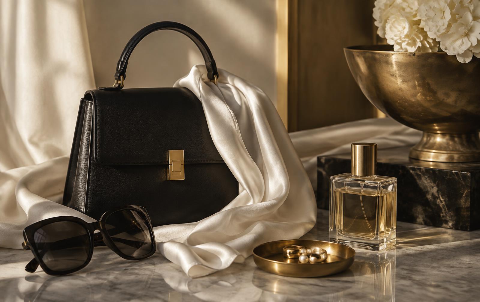 Handbag, fragrance and silk scarf arranged on a marble surface in soft light
